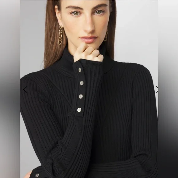 NWT White House Black Market Black Ribbed Turtleneck Sweater With Button Sleeve - Picture 4 of 5